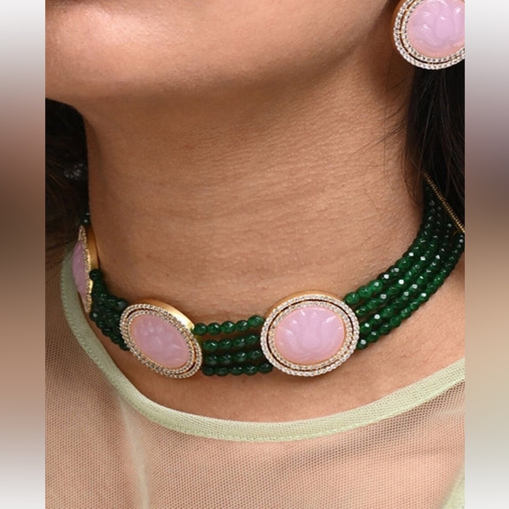 Unique Lotus Rose and Green Quartz Designer Choker from India